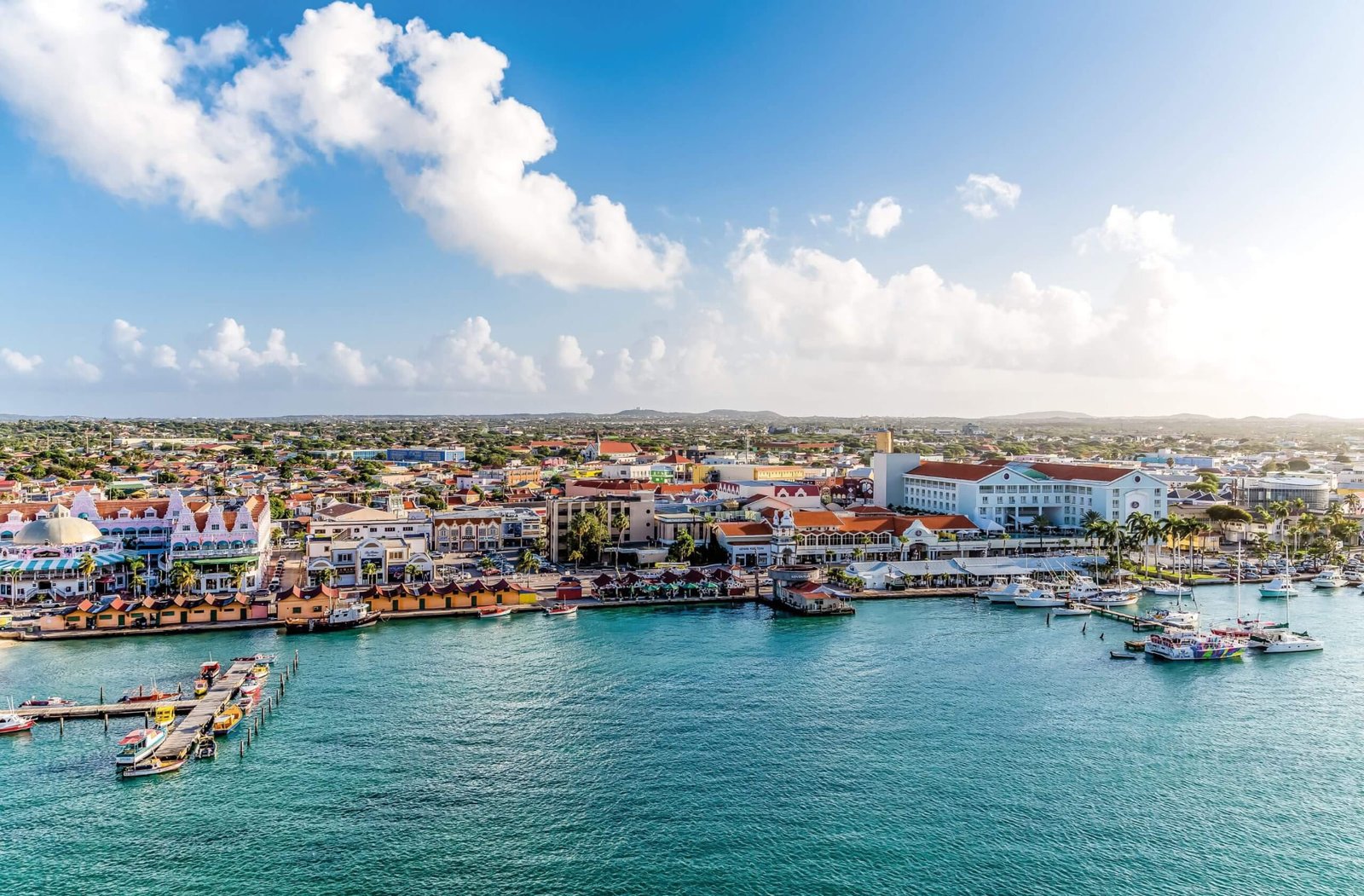 Oranjestad, Aruba's capital: colorful waterfront buildings, marina and harbour seen from above